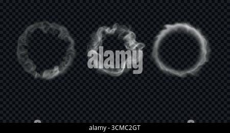 Set of various smoke rings. Vector illustration. Round steam clouds and mist swirls isolated on transparent background Stock Vector