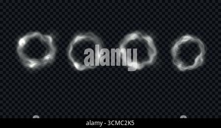 Set of glowing, round smoky clouds and flowing steam. Vector realistic circles of fog and hookah fume isolated on transparent backdrop Stock Vector