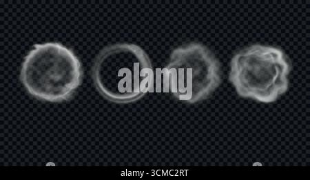 Set of various, realistic round and flowing smoke and steam. Vector circles of fog and hookah fume isolated on transparent background Stock Vector