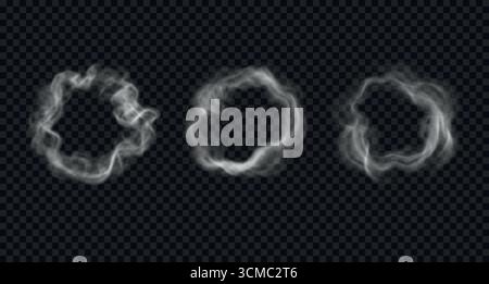 Vector smoky rings with flow steam clouds. Realistic round smoke and fog isolated on transparent background Stock Vector
