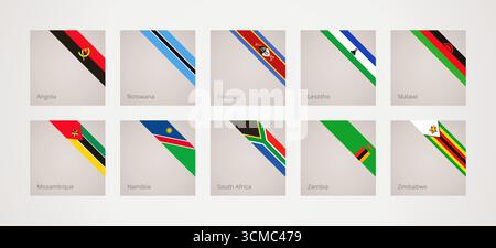 Corner slanted ribbon flags of Angola, Botswana, Eswatini, Lesotho, Malawi, Mozambique, Namibia, South Africa, Zambia and Zimbabwe Stock Vector