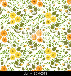 Bright spring bouquet seamless pattern. Summer yellow orange flowers and green leaves on white background. Floral delicate background in country style Stock Vector