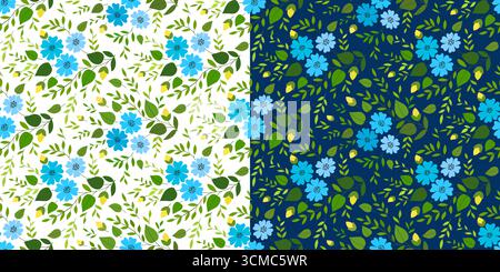 Summer blue flowers and green leaves. Floral delicate background in country style. Bright spring bouquet seamless pattern. Vintage printed cotton fabr Stock Vector