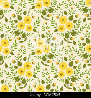 Spring yellow flowers and green leaves. Delicate spring bouquet seamless pattern. Floral graceful ornament. Plant composition. Summer design of flower Stock Vector