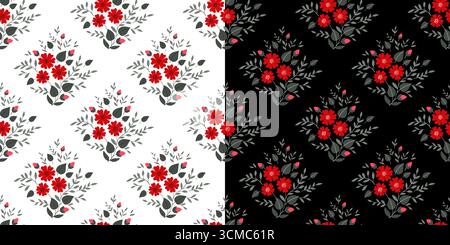 Bright classic red gray floral design. Elegant flower background in country style. Red black bouquet seamless pattern. Diagonal square tiles with flow Stock Vector