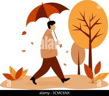 Autumn Man with umbrella under falling leaves in fall park. Autumnal landscape with trees. Vector illustration. Not AI Stock Vector