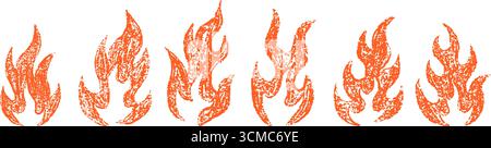 Collection of doodle fire flames. Crayon, chalk and pastel hand drawn sketch set with grunge textured burning icons. Yellow vector illustration Stock Vector