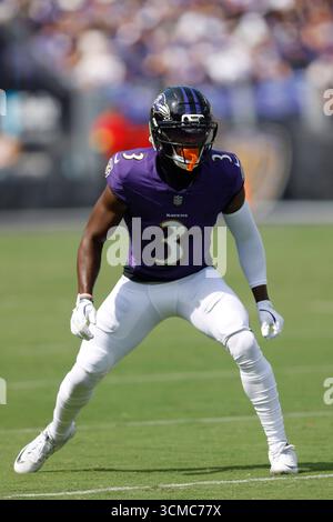 Baltimore Ravens cornerback Chidobe Awuzie (3) takes to the field ...