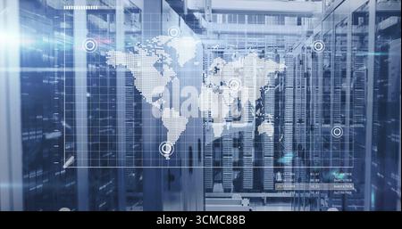 Highlighting server racks with LED lights and cables in data center room, with map overlay Stock Photo