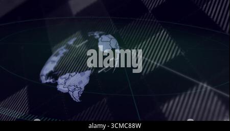 Rotating 3D globe showing continents floating in virtual interface, with grid rings and overlays Stock Photo
