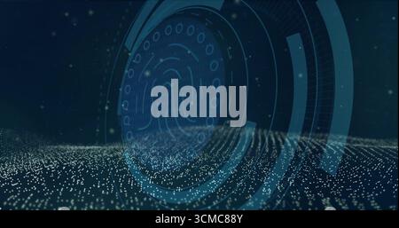 Displaying round data interface hovering in navy digital space with rings, fingerprint and dot grid Stock Photo