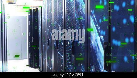Displaying server racks projecting network holograms at data center, with LED indicators Stock Photo