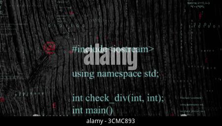 Displaying cyan C++ code snippet over wood-grain backdrop, with binary streams and red code symbols Stock Photo