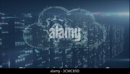 Displaying holographic cloud icon in virtual datacenter, with gears, grid lines and data streams Stock Photo