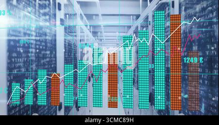 Displaying colored bar chart rising across data center corridor, with server racks, code streams Stock Photo