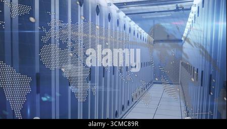 Showing server corridor extending through data center, with LED lights and holographic map overlay Stock Photo
