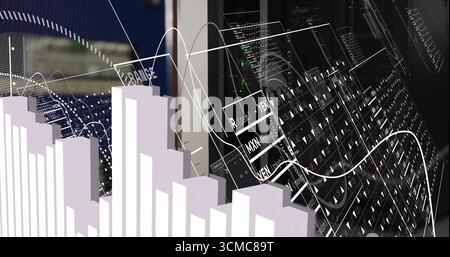 Overlaying bar chart over data center, with network lines and floating currency windows, lit racks Stock Photo
