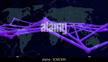 Displaying purple nodes and lines across transparent world map, with pin markers and web overlay Stock Photo