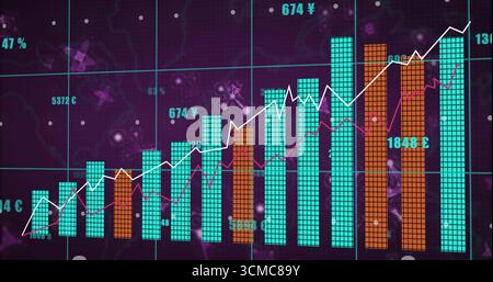 Displaying data dashboard showing turquoise and orange bars on screen, with white magenta lines Stock Photo