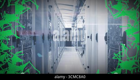 Extending server aisle showing perforated racks, raised floor, overhead cabling, vents, LED lights Stock Photo