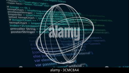 Pulsing wireframe sphere displaying intersecting rings in virtual console, with scrolling code Stock Photo