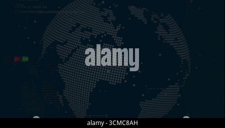 Rotating dot-matrix globe illuminating digital interface, with scattered data points and code lines Stock Photo