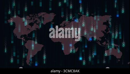 Displaying world map floating in abstract environment, with falling binary code and data blocks Stock Photo