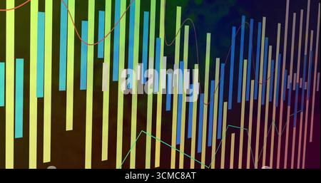 Displaying vertical bar chart tracing data trends on dashboard with red and turquoise line graphs Stock Photo