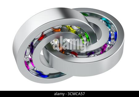 Interlocked ball bearings with colorful spheres. Abstract technical logotype. 3D rendering isolated on white background Stock Photo