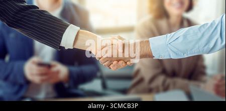 Two Businesspeople Shaking Hands During Meeting in Modern Office Stock Photo