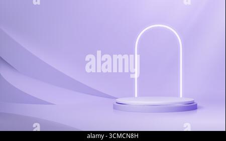 Purple podium stage with neon arch. Realistic 3d vector platform or pedestal in studio for showcasing cosmetic items during presentations. Background with round stand mockup and arc frame on the wall Stock Vector