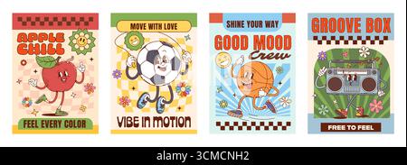Hippie groovy character posters at psychedelic pattern vector background. Cartoon happy apple, retro radio, basketball and soccer balls characters posters with groovy smile emojis and hippie daisies Stock Vector