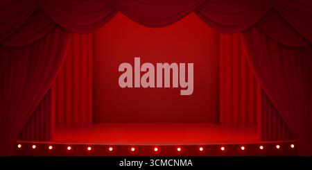 3d stage with red curtains, theater scene with folded drapes. Vector classic theatre podium for performance, opera, concert, dance, music show. Background with glowing spotlights illumination on floor Stock Vector
