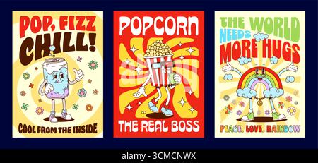 Funny groovy characters posters. Vector set of soda can, popcorn bucket, and rainbow retro cartoon personages with playful slogans, colorful flowers, clouds, and sunburst vibrant pop art backgrounds Stock Vector