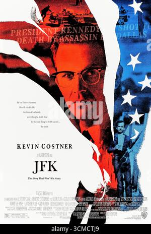 JFK (1991) directed by Oliver Stone and starring Kevin Costner, Gary Oldman, and Tommy Lee Jones. A political thriller investigating the assassination of President John F. Kennedy and the conspiracy theories that continue to surround it. Photograph of an original 1991 US one sheet poster EDITORIAL USE ONLY. Credit: BFA / Warner Bros Stock Photo