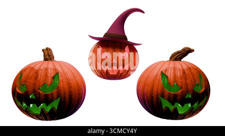 Halloween pumpkins including a spooky jack o lantern with witch hat and two glowing pumpkins isolated on white background. Festive creative design for Stock Photo