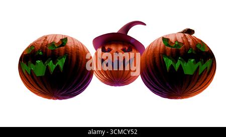 Three carved Halloween jack o lantern pumpkins with glowing green faces isolated on white background. Spooky design for October holiday decorations an Stock Photo