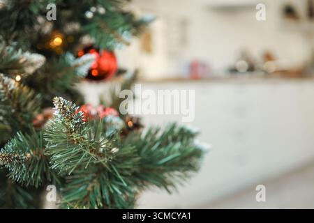 Decorated Christmas tree on blurred background. Stock Photo