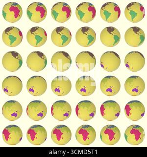 Collection of globes. Normal sphere view. Rotation step 10 degrees. Colored continents style. Stock Vector