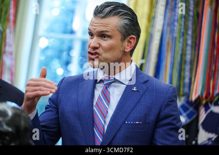 Washington, United States. 15th Sep, 2025. Defense Secretary Pete Hegseth speaks before President Donald Trump signs a Presidential Memorandum in the Oval Office at the White House on Monday, September 15, 2025 in Washington, DC. FBI Director Kash Patel, Homeland Security Secretary Kristi Noem, Attorney General Pam Bondi, Defense Secretary Pete Hegseth and others were present. Photo by Samuel Corum/UPI Credit: UPI/Alamy Live News Stock Photo