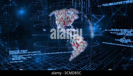Floating holographic globe rotating above glowing grid with data points, streaming binary streams Stock Photo