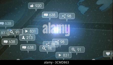 Displaying icons floating over network grid, showing interaction counters, globe and light flare Stock Photo