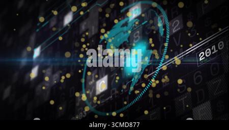 Displaying turquoise world map rotating within digital panel, segmented ring, gold dust, 2010 label Stock Photo
