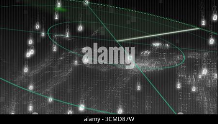 Tracing neon green curves encircling 3D mesh in data space, with binary digits, white trajectories Stock Photo