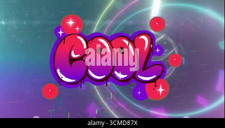 Displaying bubble-letter text COOL on screen, neon rings, data symbols, red purple orbs, sparkles Stock Photo