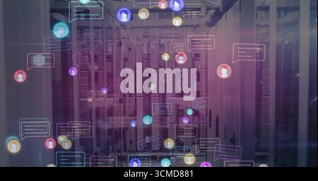Displaying server racks showing holograms in data center with switches, cables, communication icons Stock Photo