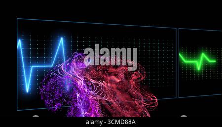 Displaying neon grid featuring blue and green ECG lines, swirling purple-red particles in dark void Stock Photo