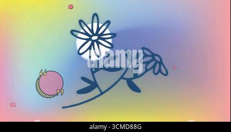 Dark-blue floral outline with daisies flowing over pastel gradient, with shapes  and  pink quote bad Stock Photo