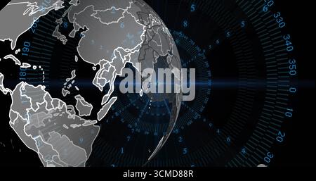 Displaying digital Earth globe in data display, with radial grid lines, numbers, blue lens flare Stock Photo