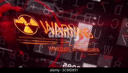Displaying digital warning interface streaming code on high-tech monitor, with radioactive symbol Stock Photo